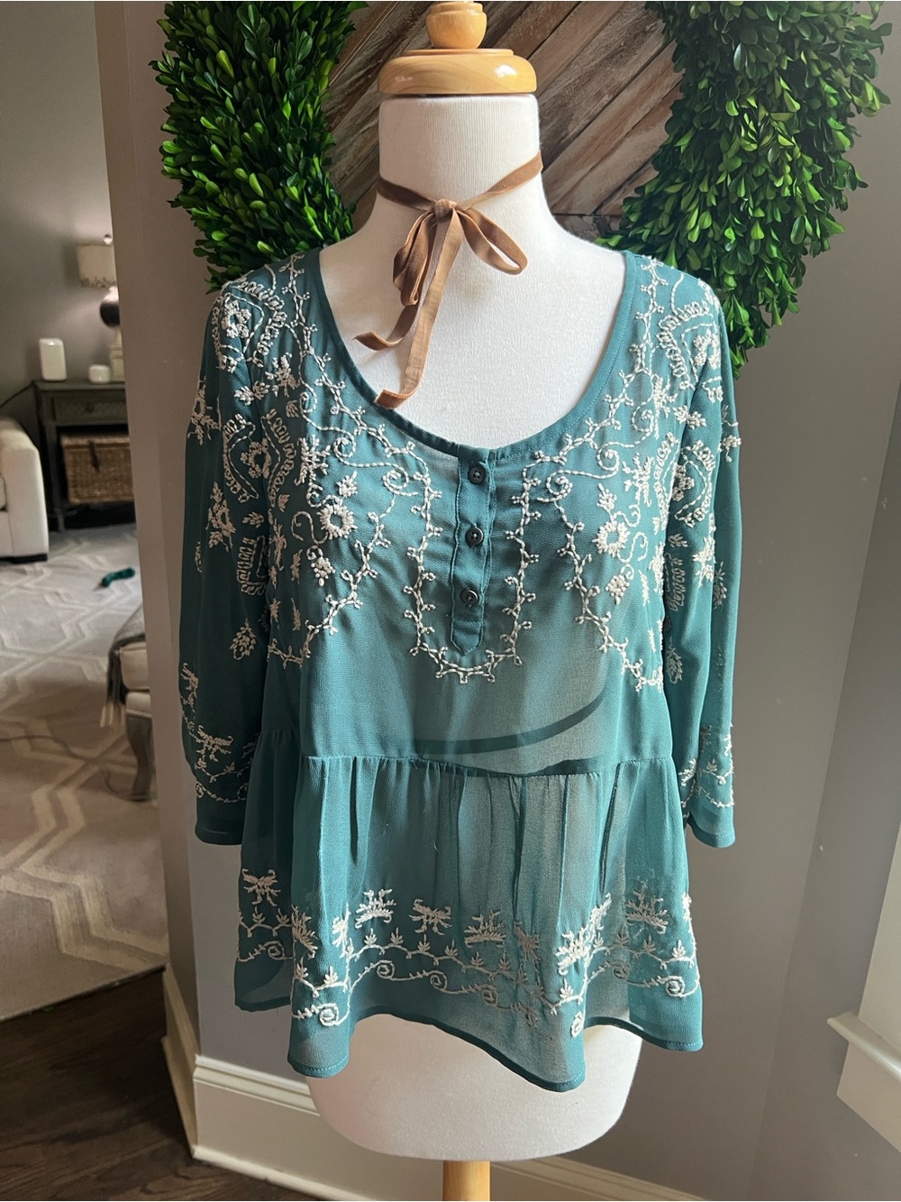 Free People Teal Embroidered Peasant Tunic